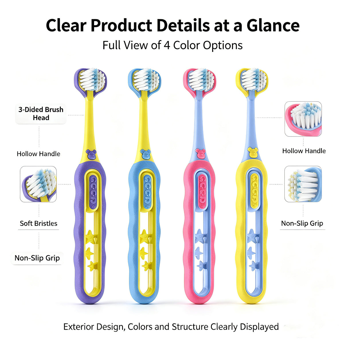 Kids 3-Sided Toothbrush | 4-Pack | Wrap-Around Head for Small Mouths | Gentle All-Around Clean