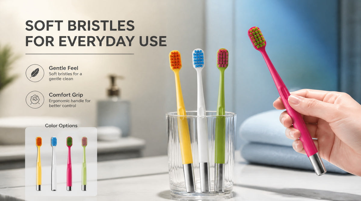 Soft Bristle Toothbrush | 2-Pack | Stainless Steel Handle | 4 Colors A+ 图片