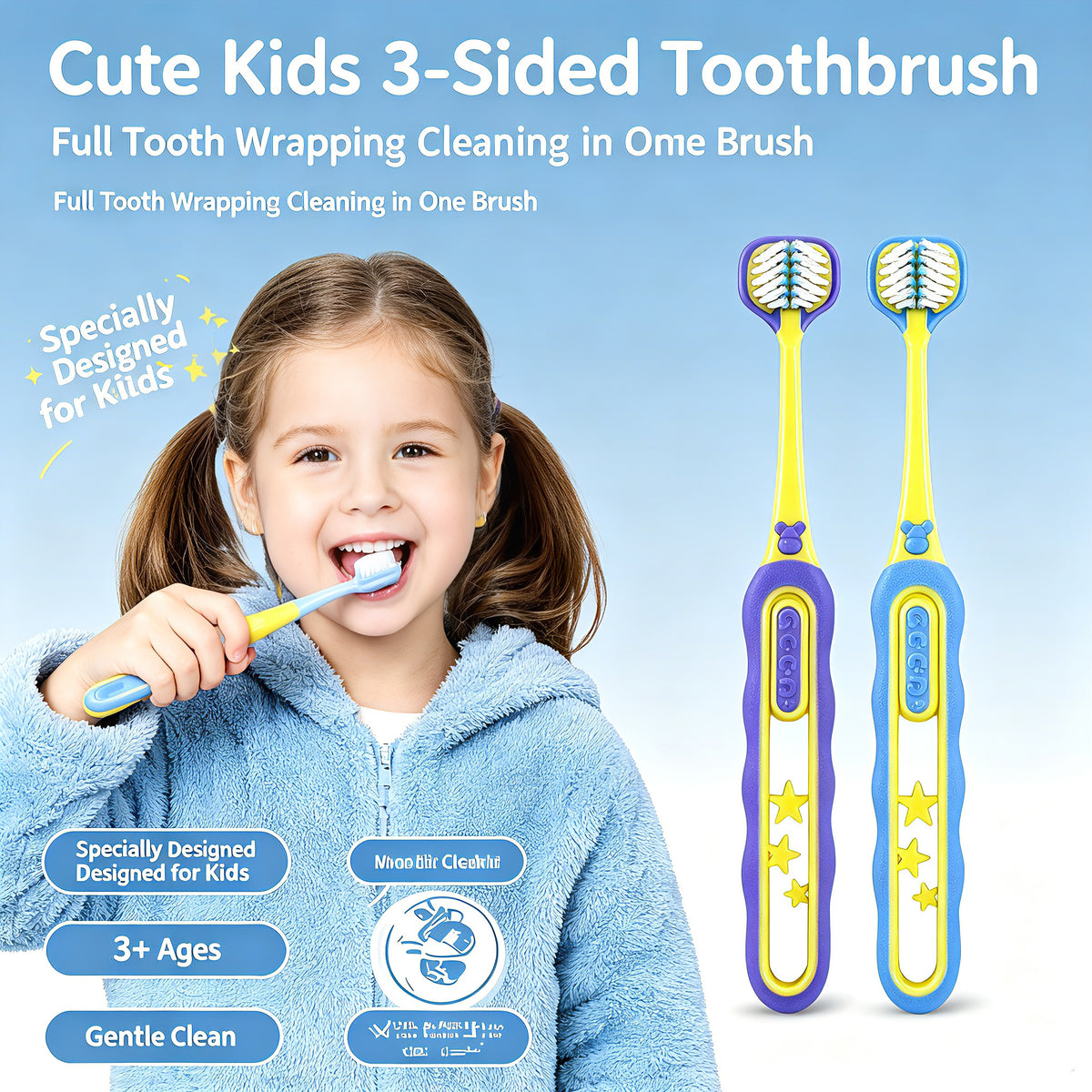 Kids 3-Sided Toothbrush | 4-Pack | Wrap-Around Head for Small Mouths | Gentle All-Around Clean