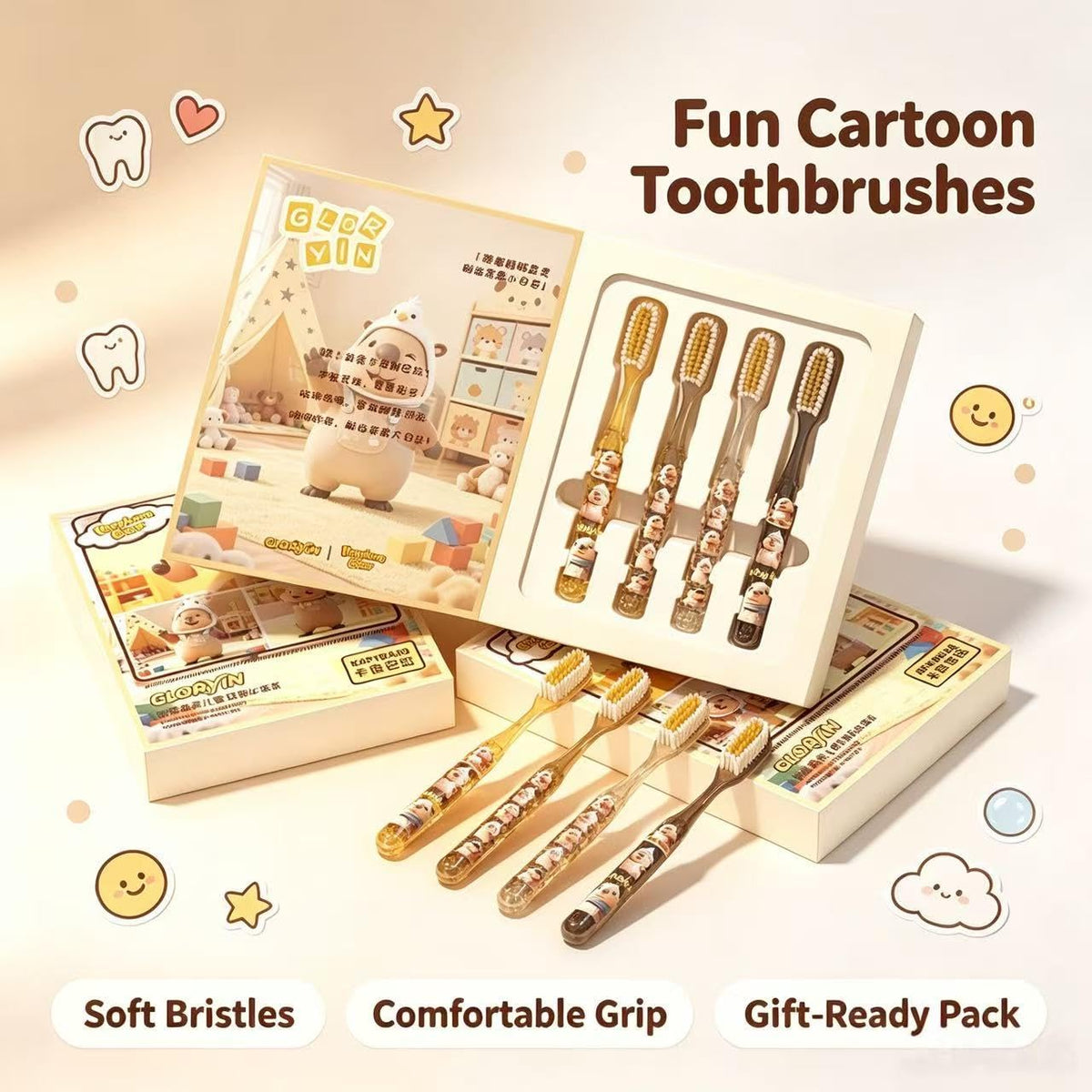 Kids Toothbrush 4 Pack | Capybara Animal Print, Clear Handle | Smilvy