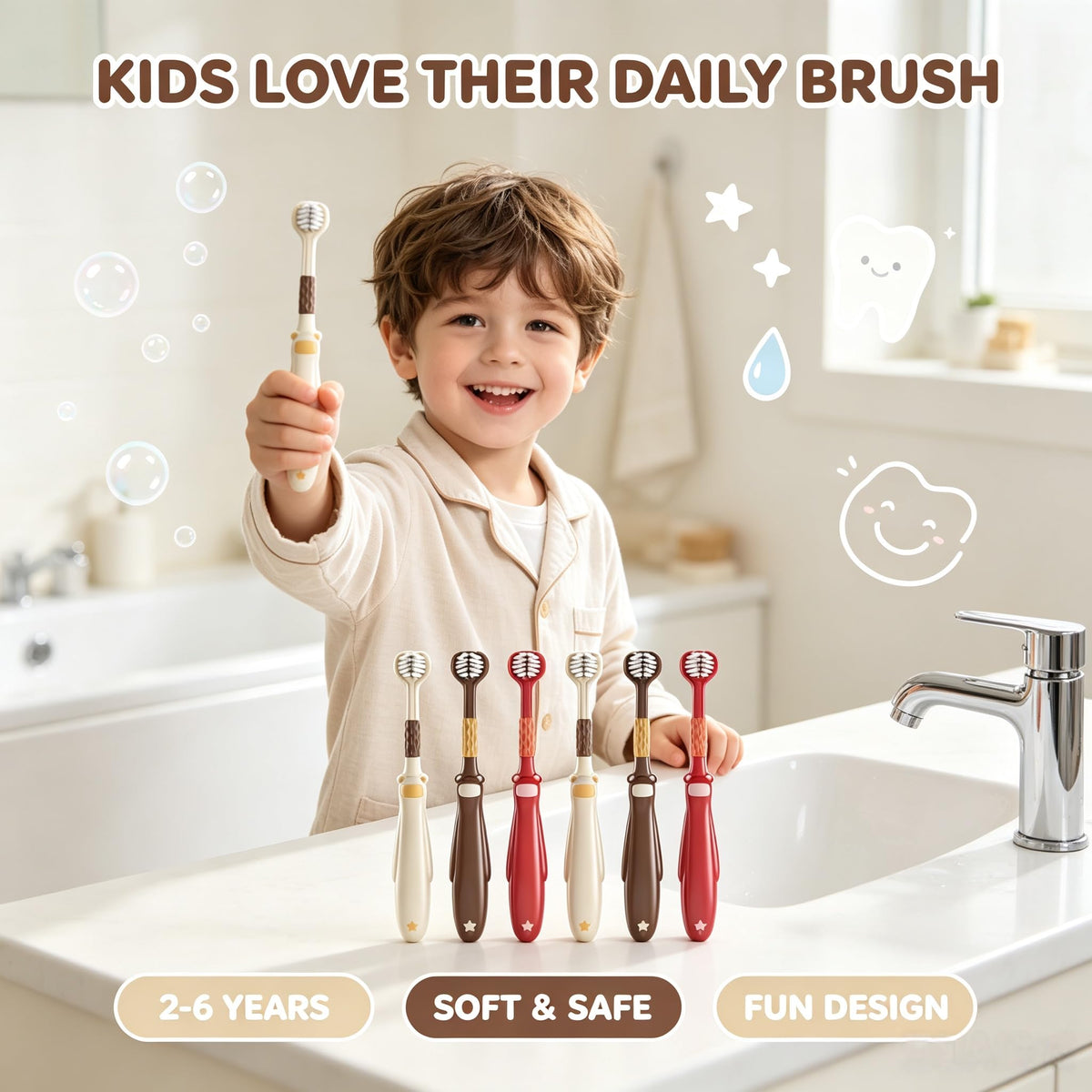 Kids Toothbrush 6 Pack | Cute Bear Design, Soft Bristles, Easy-Grip | Smilvy