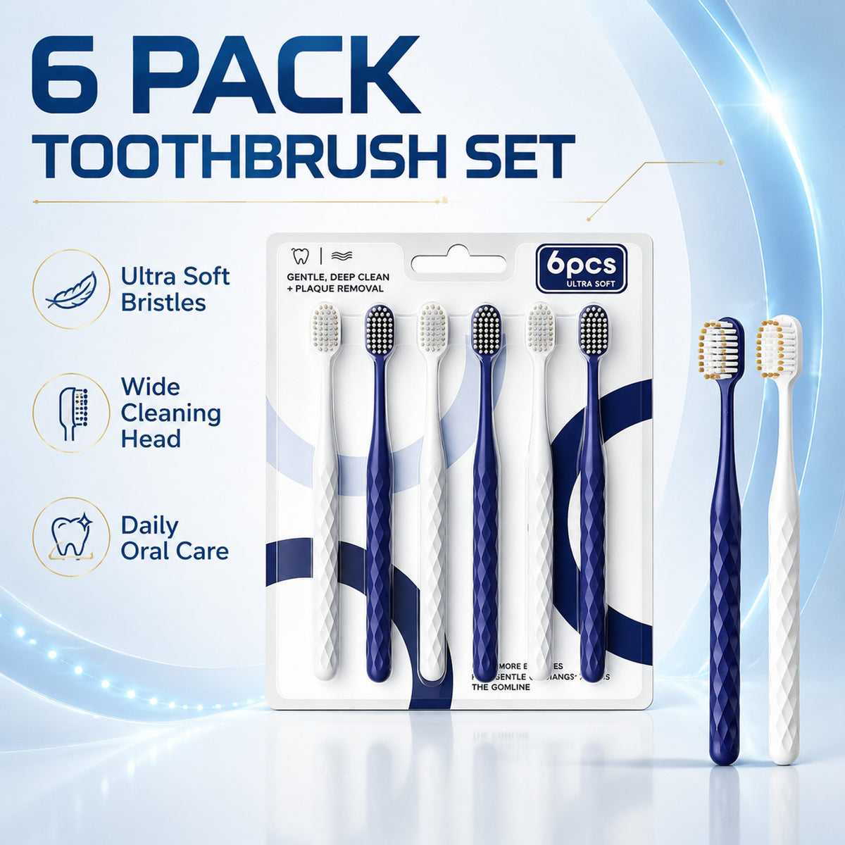 6-Pack Diamond-Grip Toothbrush | Gold-Dot Bristles | Ultra Soft Plaque Removal