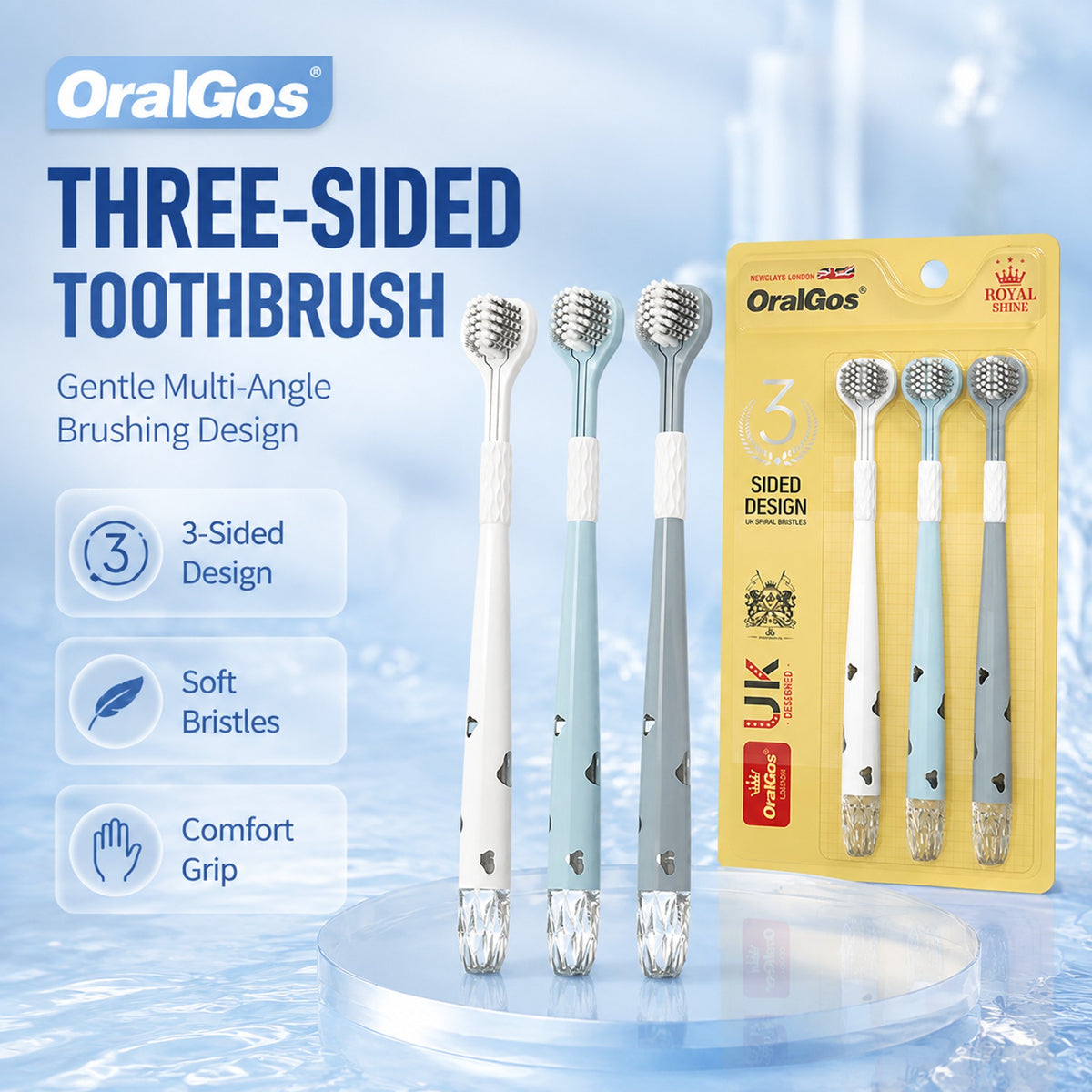 Crystal Handle Three-Sided Toothbrush | 3-Pack | Soft Bristles | UK Certified