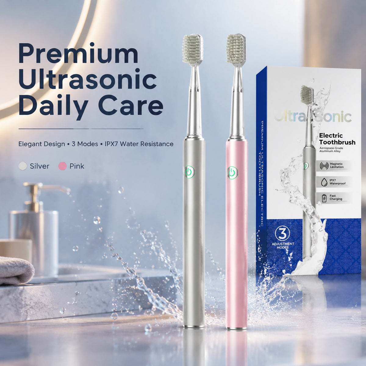 Ultrasonic Electric Toothbrush | Aerospace Metal Body | IPX7 Waterproof | 4 Brush Heads