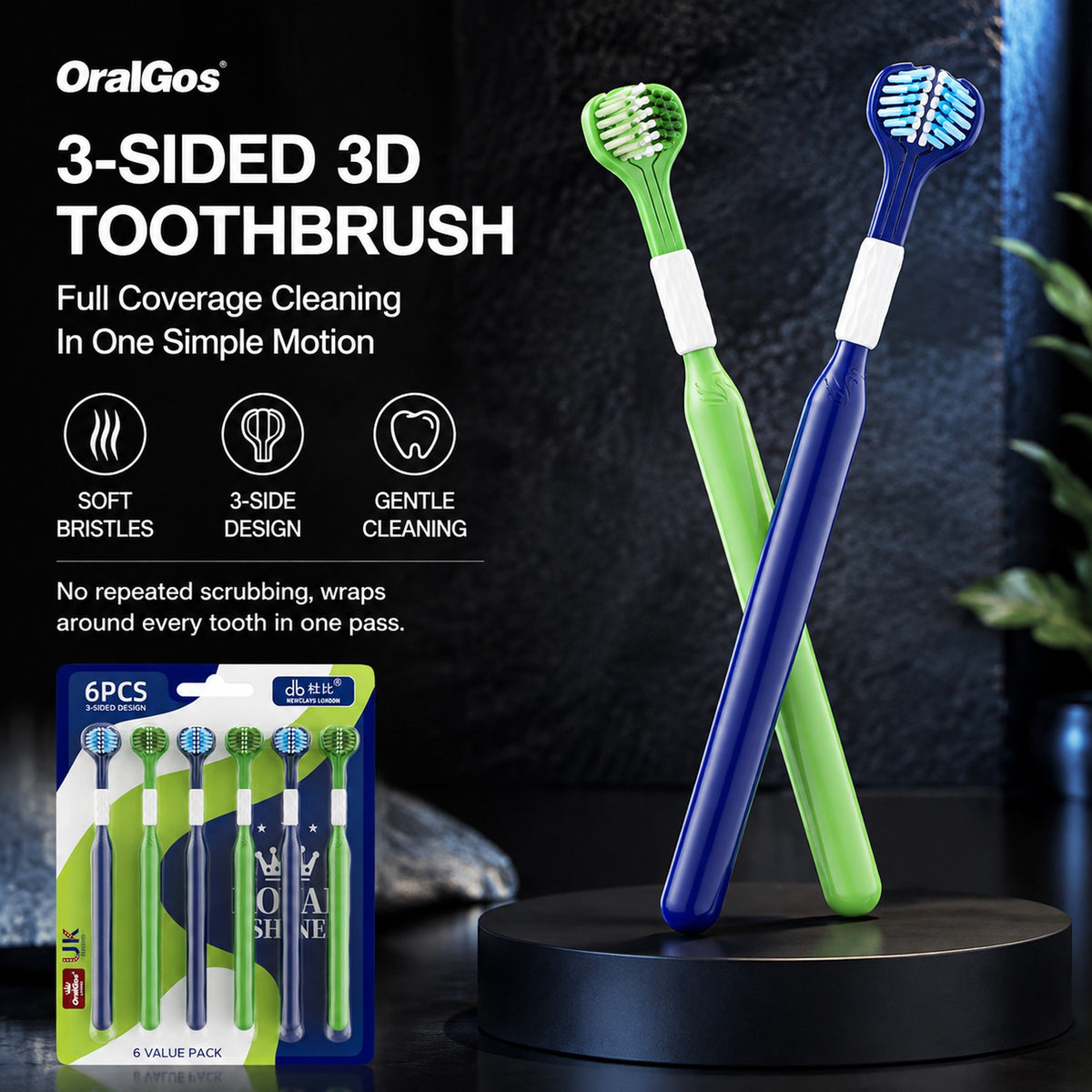 3D Three-Sided Toothbrush | 6-Pack | Wrap-Around Head | Cleans All Surfaces in One Stroke