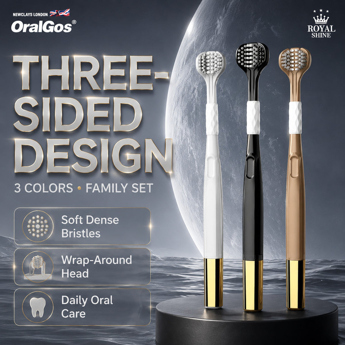 3-Pack Three-Sided Toothbrush | Charcoal & Soft Bristles | 360° Deep Clean