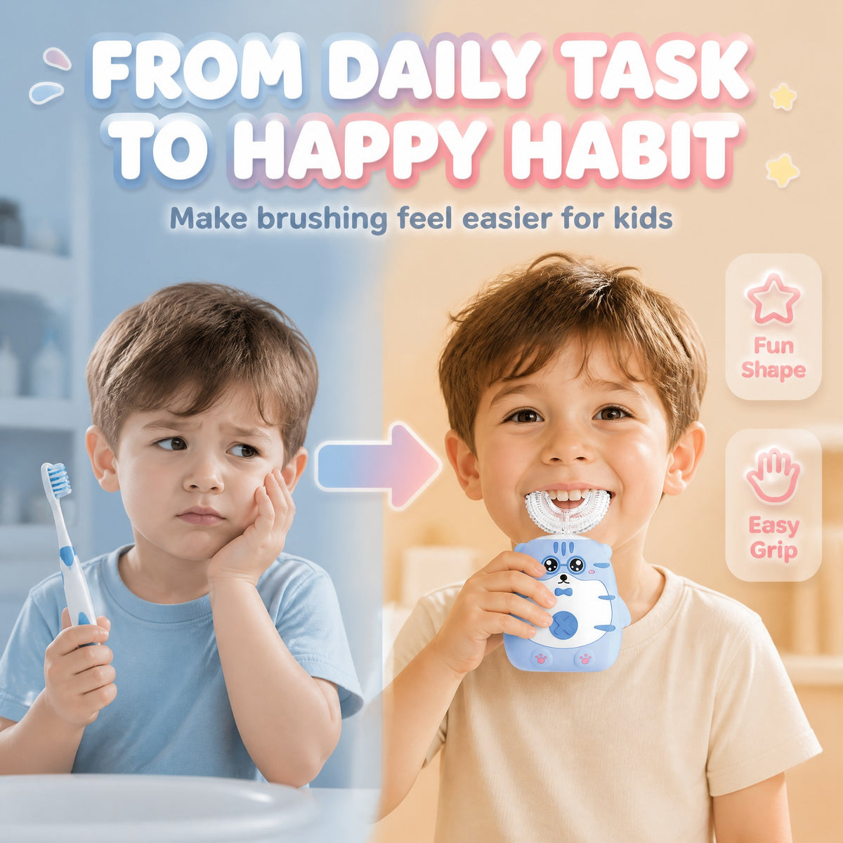 OralGos Kids Sonic Toothbrush | Cute Tiger Design | U-Brush + Standard Head | Blue & Pink