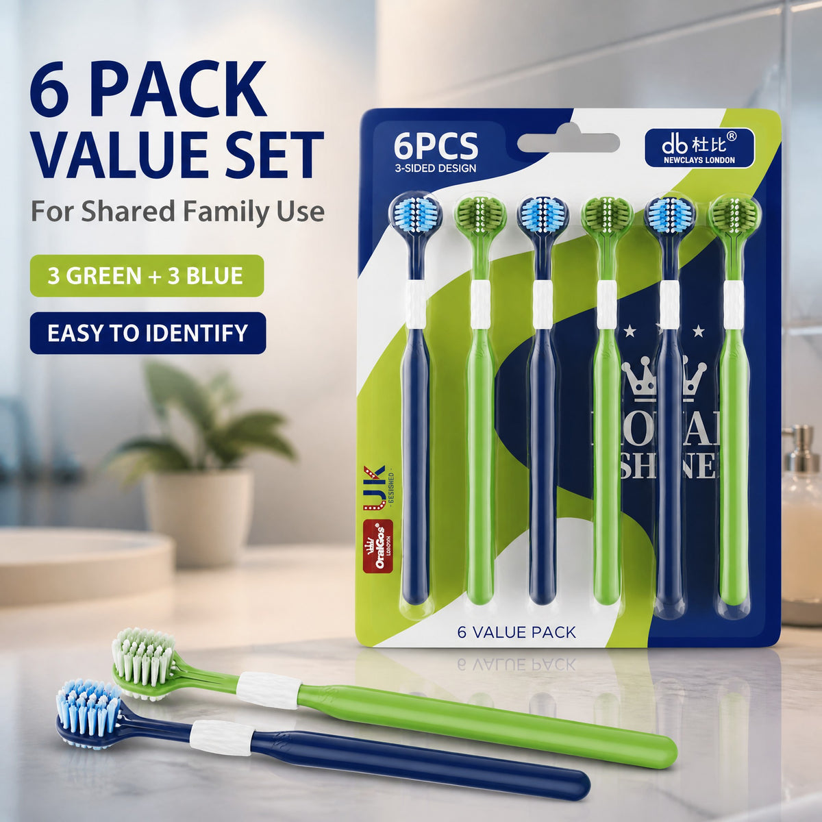 3D Three-Sided Toothbrush | 6-Pack | Wrap-Around Head | Cleans All Surfaces in One Stroke