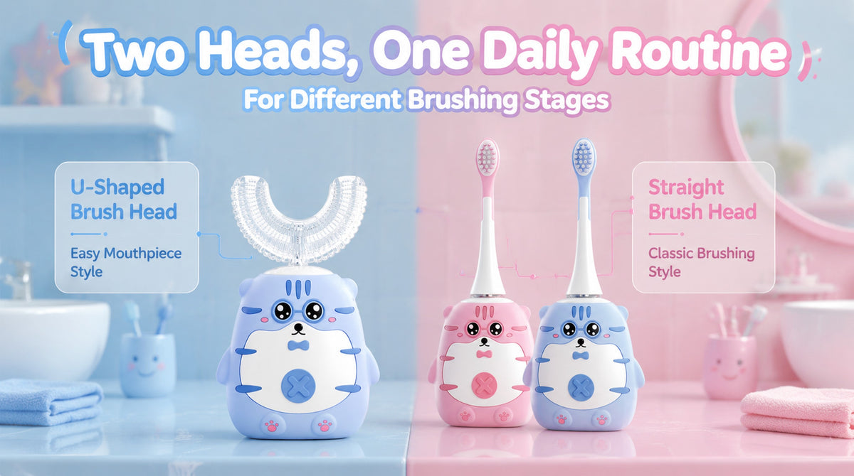 OralGos Kids Sonic Toothbrush | Cute Tiger Design | U-Brush + Standard Head | Blue & Pink A+ 图片