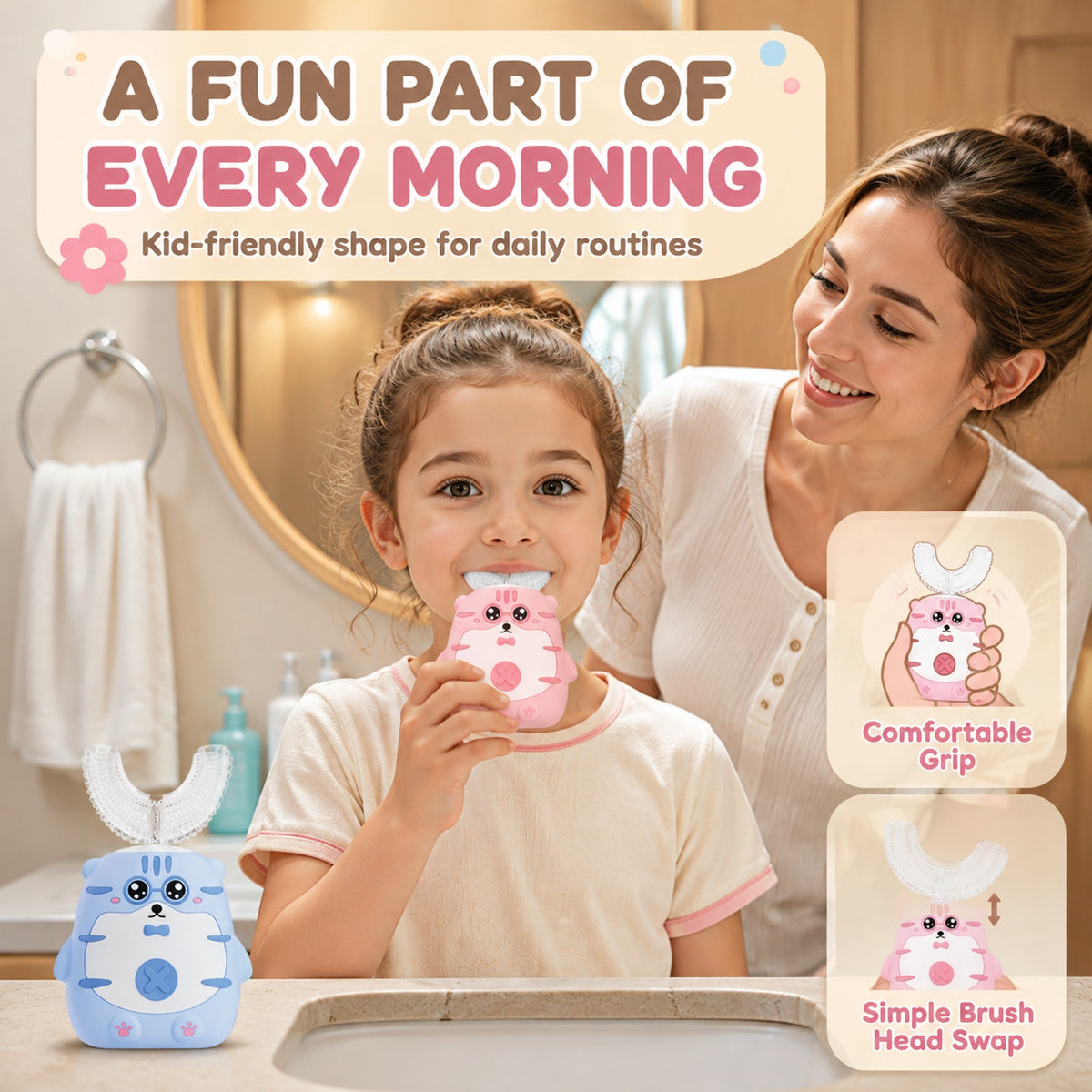 OralGos Kids Sonic Toothbrush | Cute Tiger Design | U-Brush + Standard Head | Blue & Pink