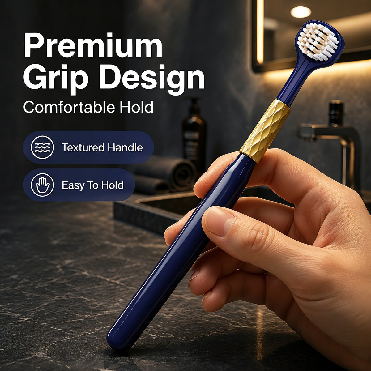 6-Pack Navy Gold Three-Sided Toothbrush | Dual Bristle | Family Value Set