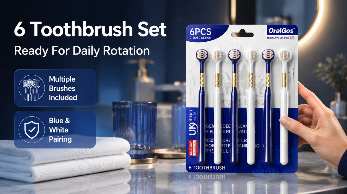 6-Pack Navy Gold Three-Sided Toothbrush | Dual Bristle | Family Value Set A+ 图片