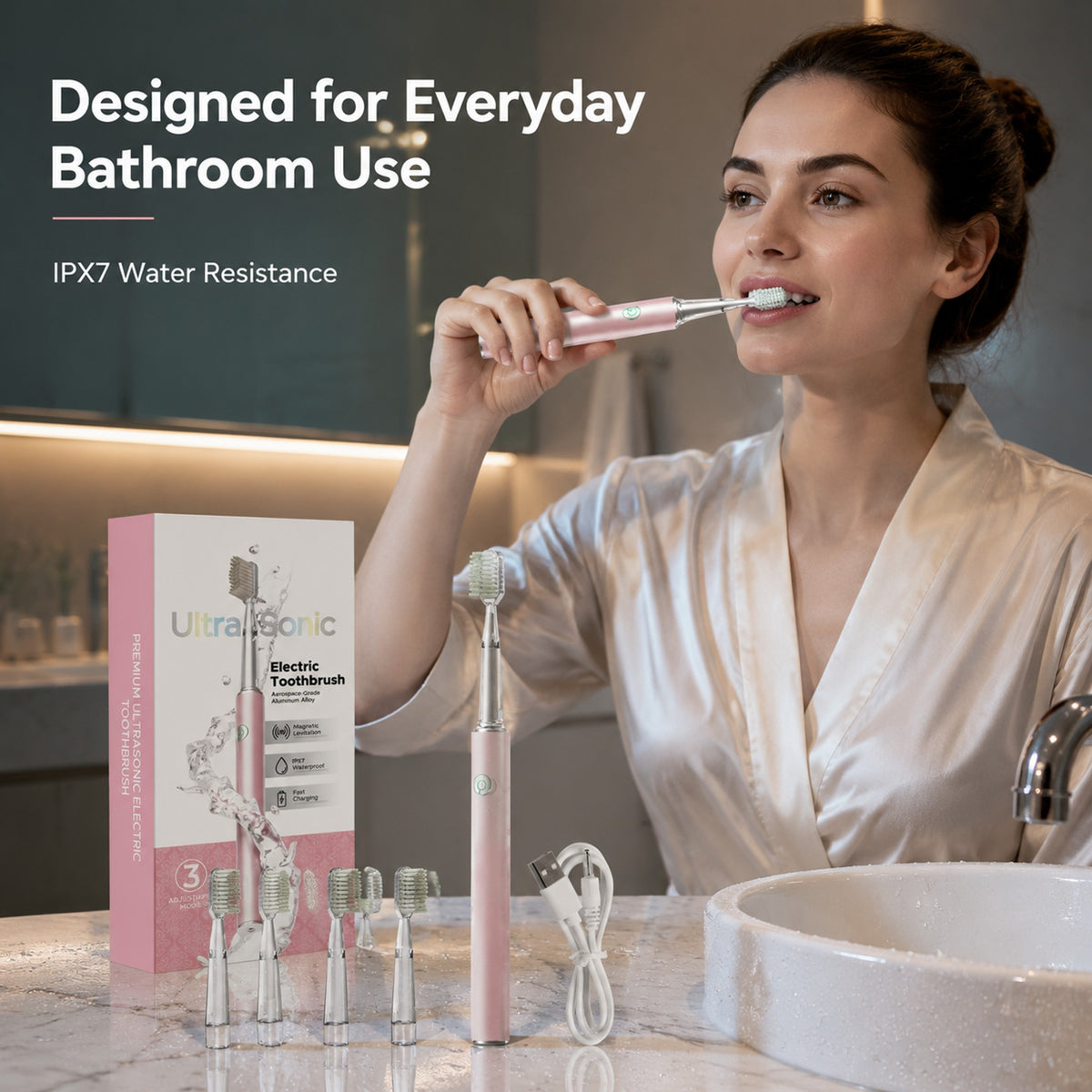 Ultrasonic Electric Toothbrush | Aerospace Metal Body | IPX7 Waterproof | 4 Brush Heads