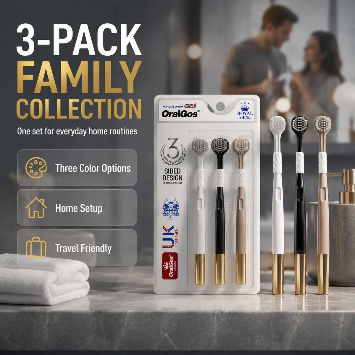 3-Pack Three-Sided Toothbrush | Charcoal & Soft Bristles | 360° Deep Clean