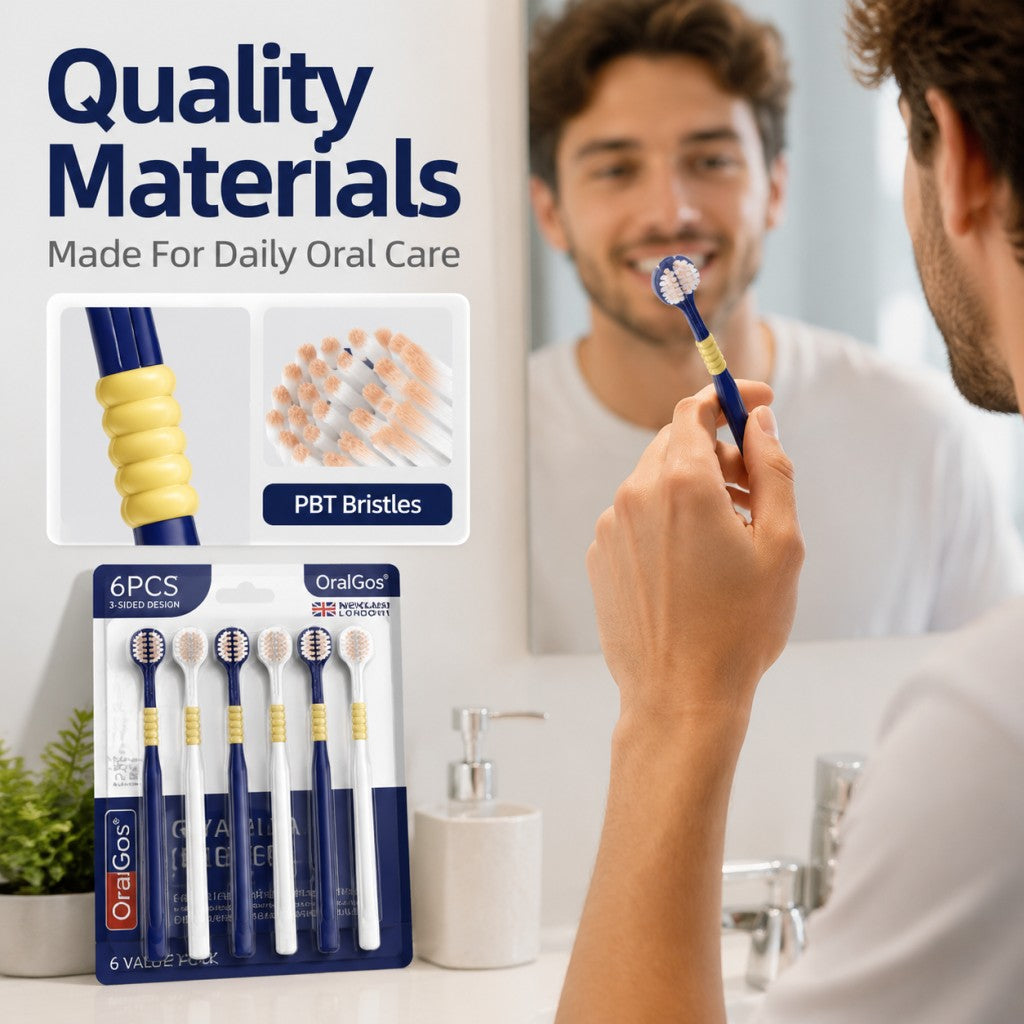 3-Sided Toothbrush | 6-Pack | 150% More Bristles | Gentle Deep Clean | Navy & White