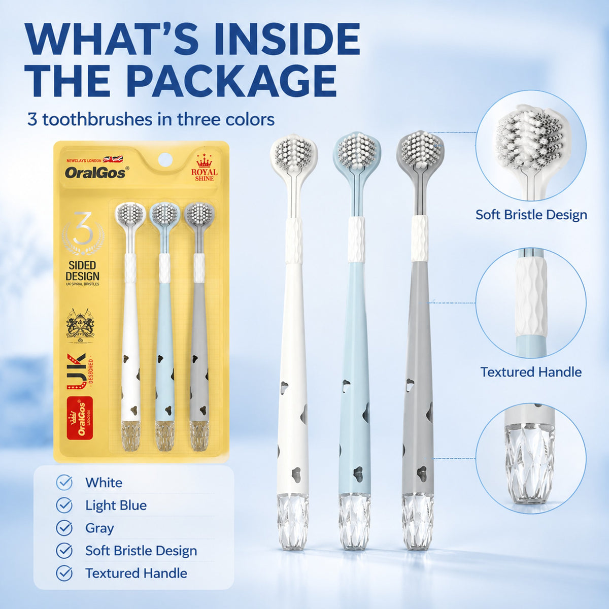 Crystal Handle Three-Sided Toothbrush | 3-Pack | Soft Bristles | UK Certified